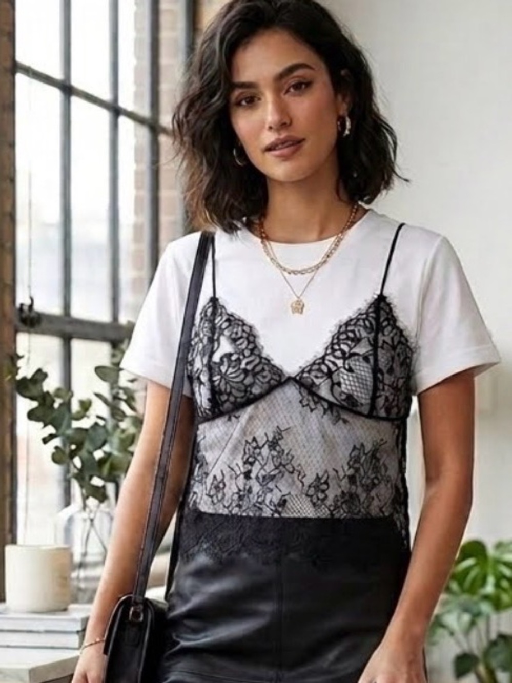 Lace Camisole Overlay Top in Black and White Size M